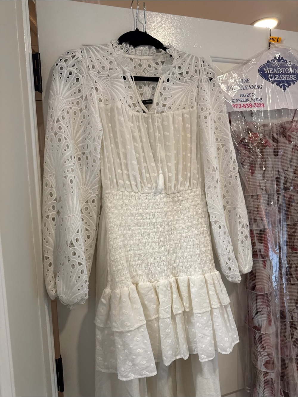 Aqua White Eyelet Lace Long-Sleeve Mini Dress with Smocked Waist